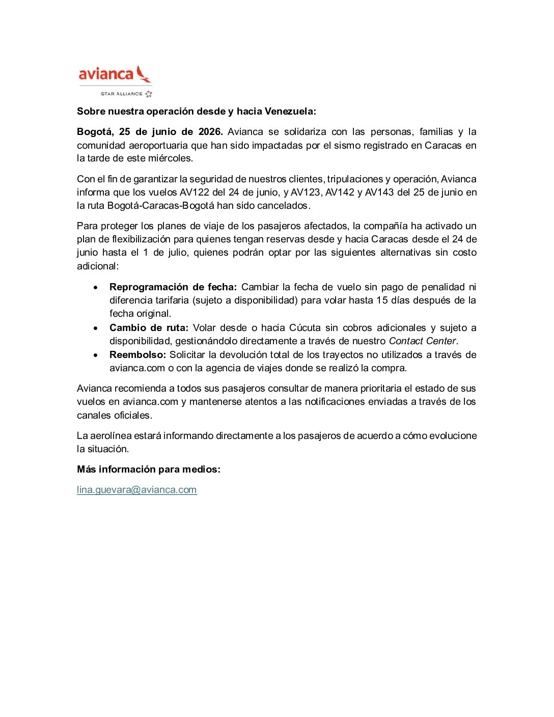Avianca cancela vuelos hacia Caracas tras sismo y activa plan de flexibilización para pasajeros
